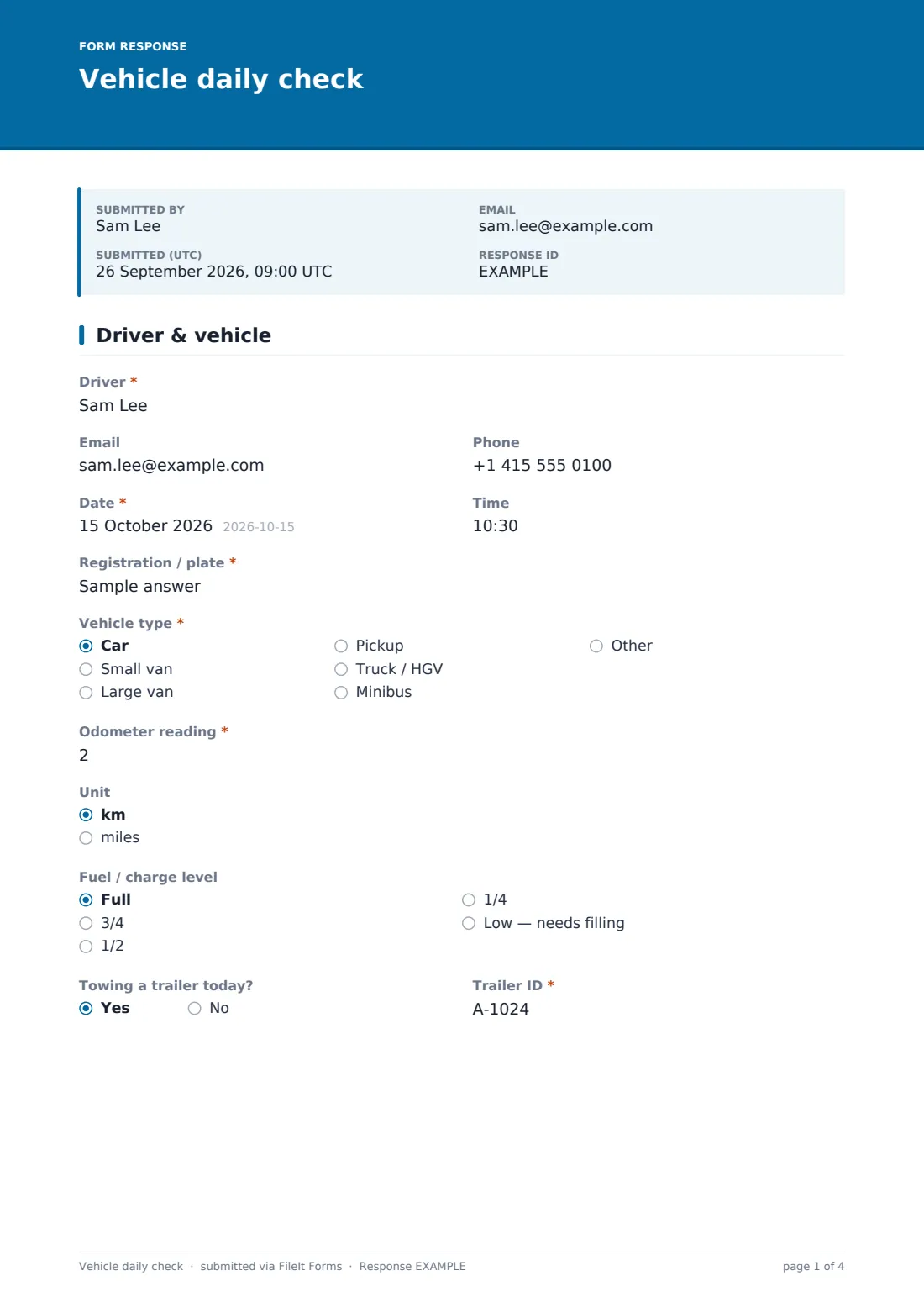 Vehicle daily check — example response PDF, page 1 of 4