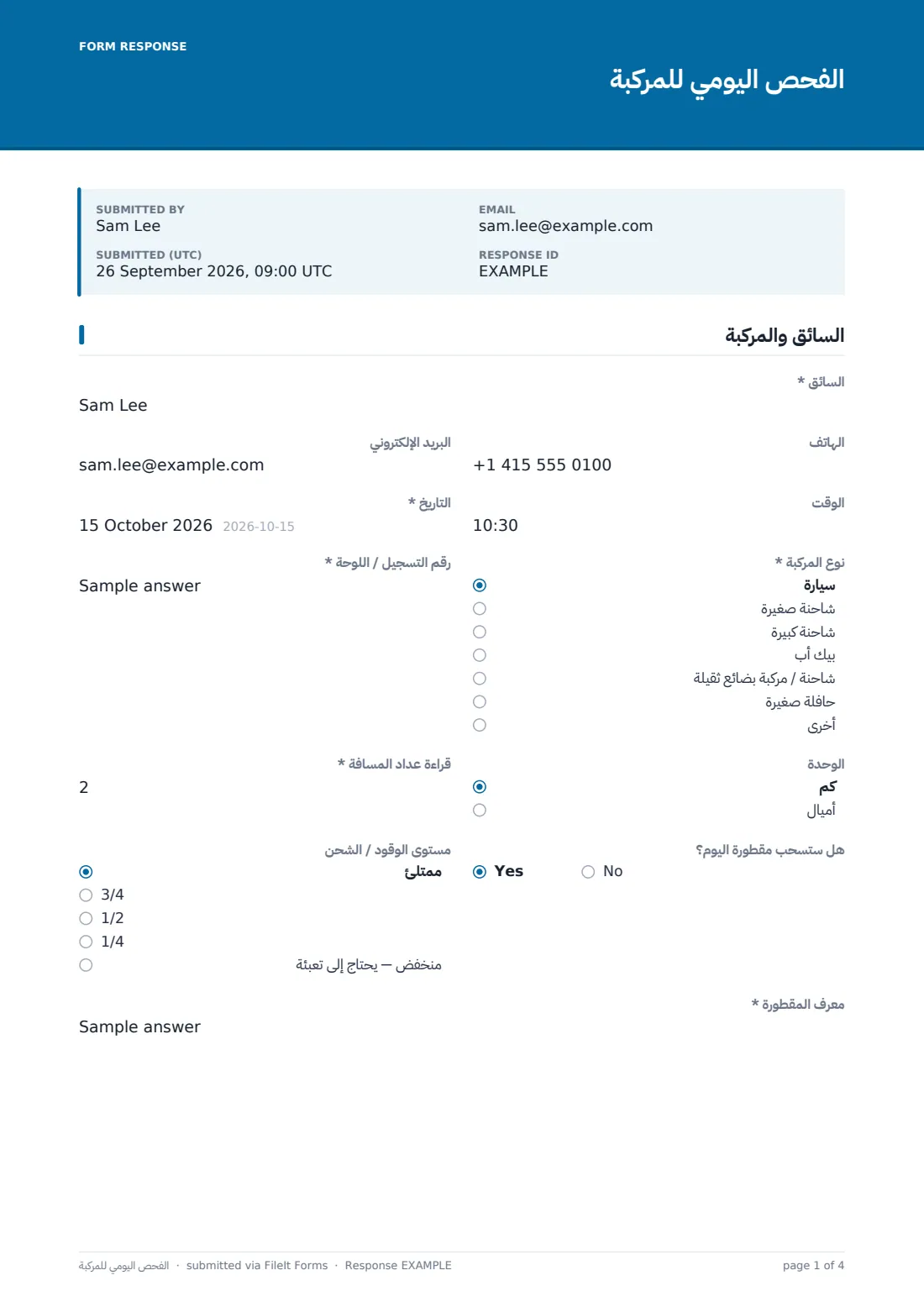 الفحص اليومي للمركبة — ملف PDF لرد نموذجي، الصفحة 1 من 4