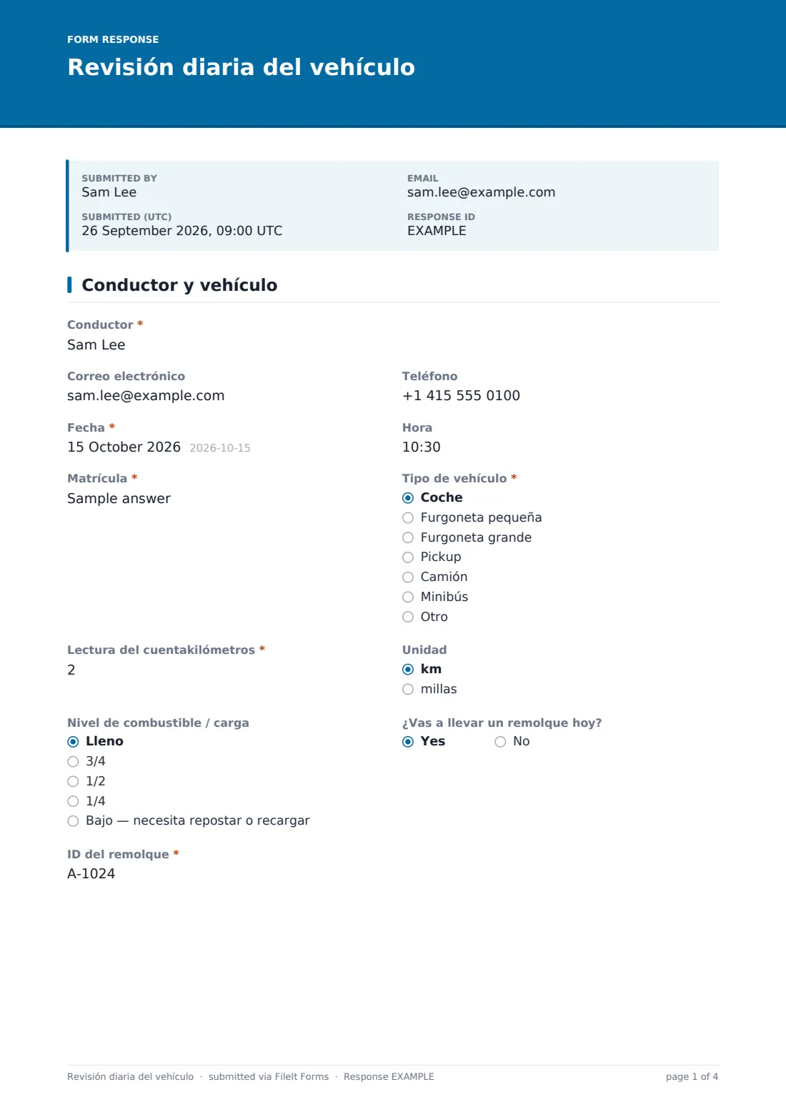 Revisión diaria del vehículo — PDF de respuesta de ejemplo, página 1 de 4