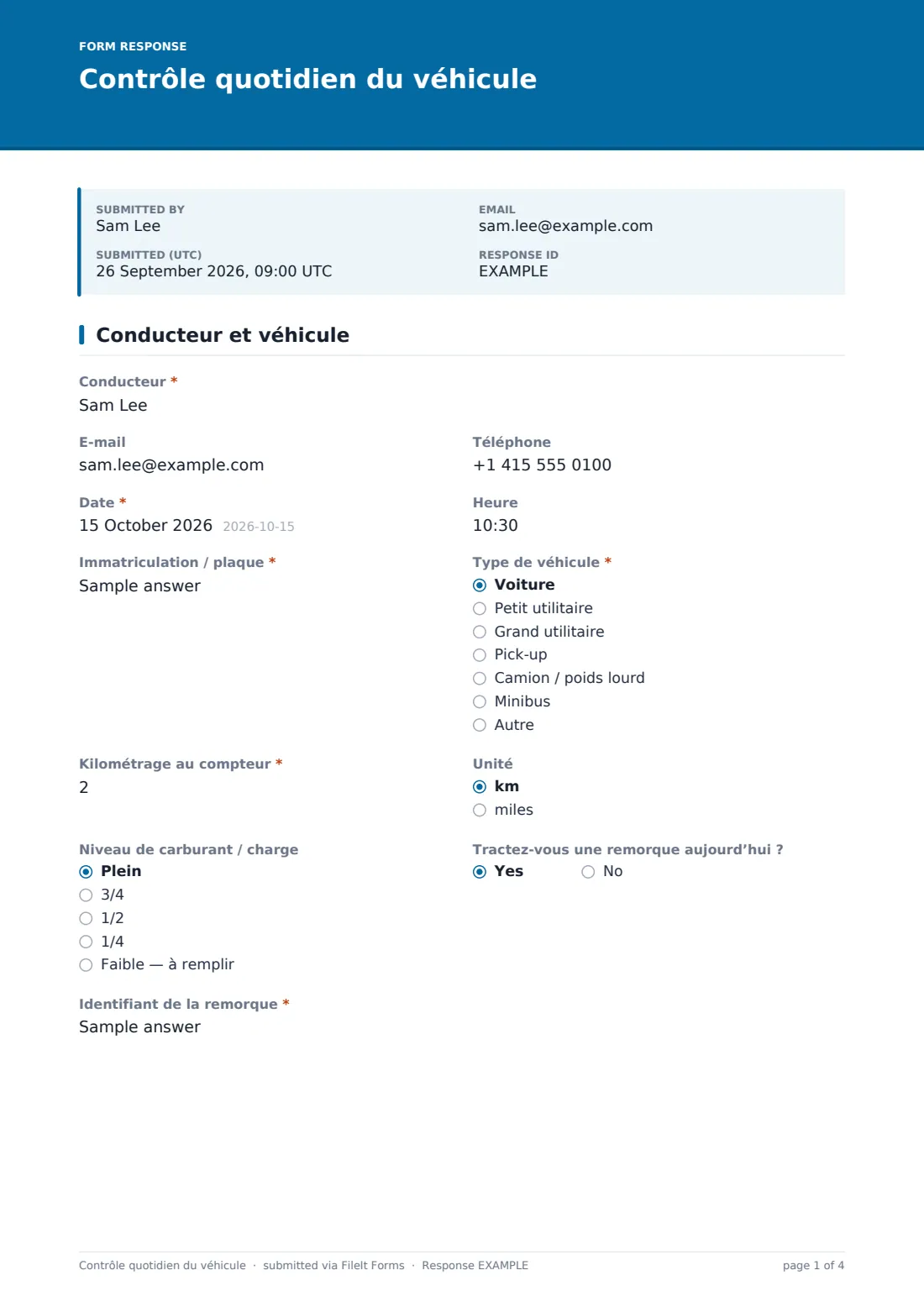 Contrôle quotidien du véhicule — exemple de réponse au format PDF, page 1 sur 4