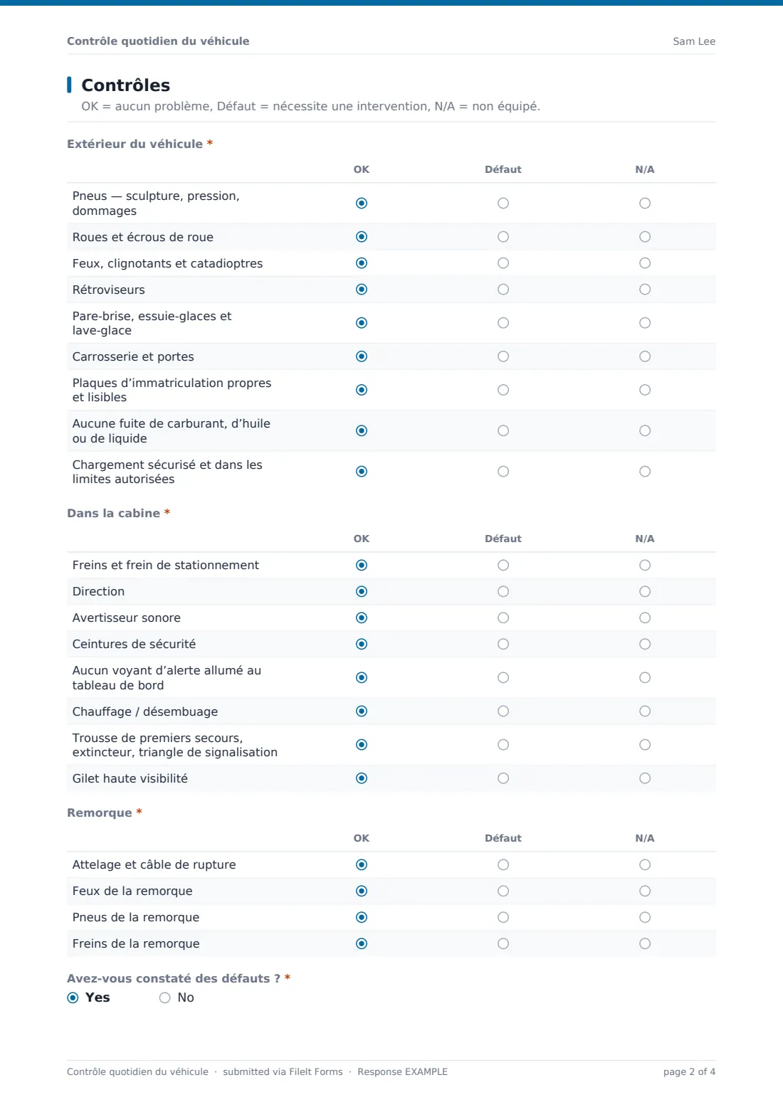 Contrôle quotidien du véhicule — exemple de réponse au format PDF, page 2 sur 4