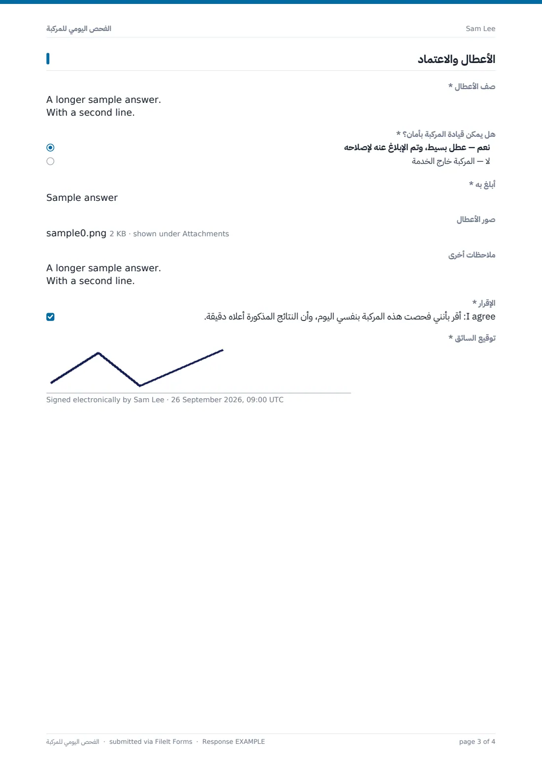 الفحص اليومي للمركبة — ملف PDF لرد نموذجي، الصفحة 3 من 4