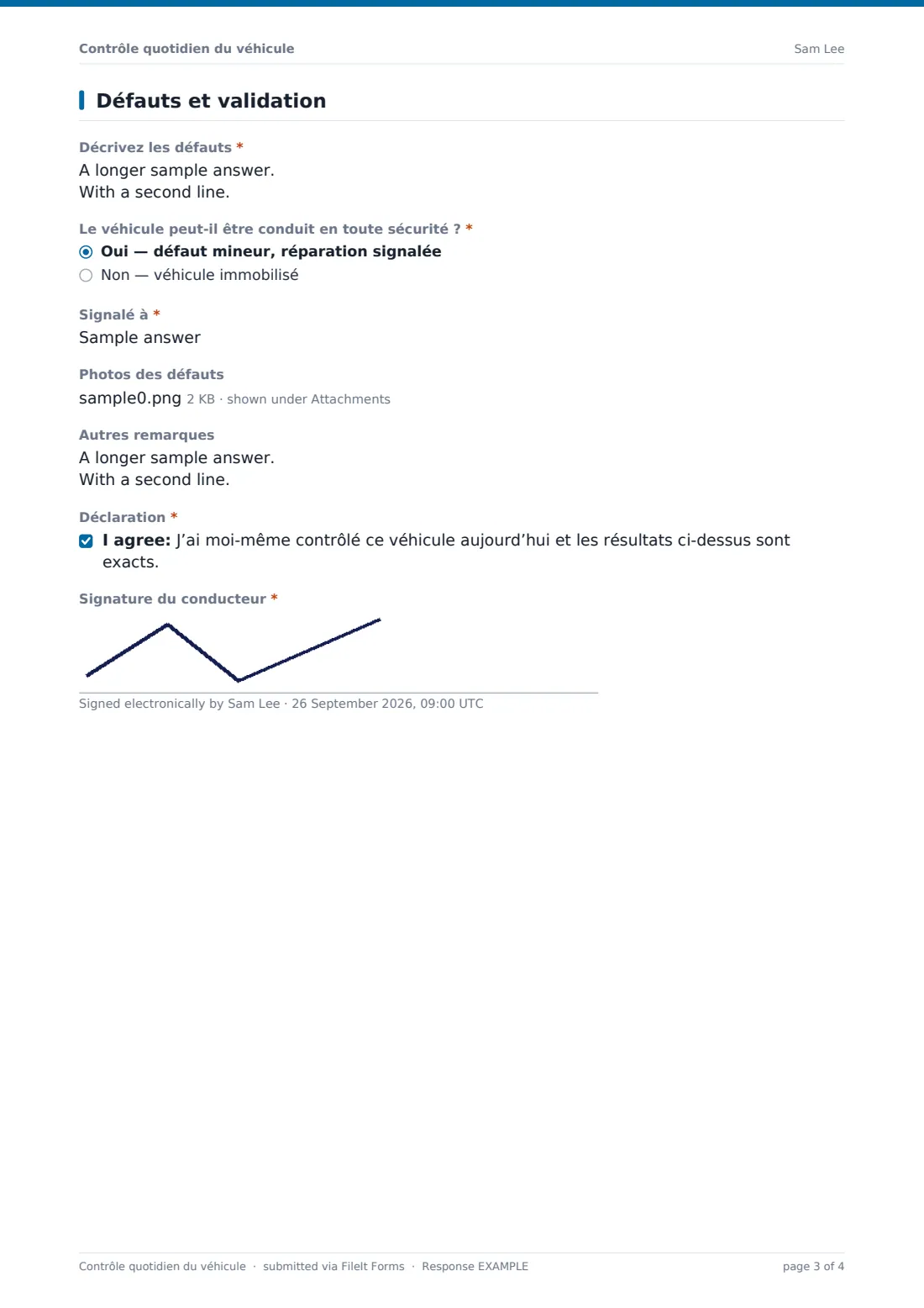 Contrôle quotidien du véhicule — exemple de réponse au format PDF, page 3 sur 4