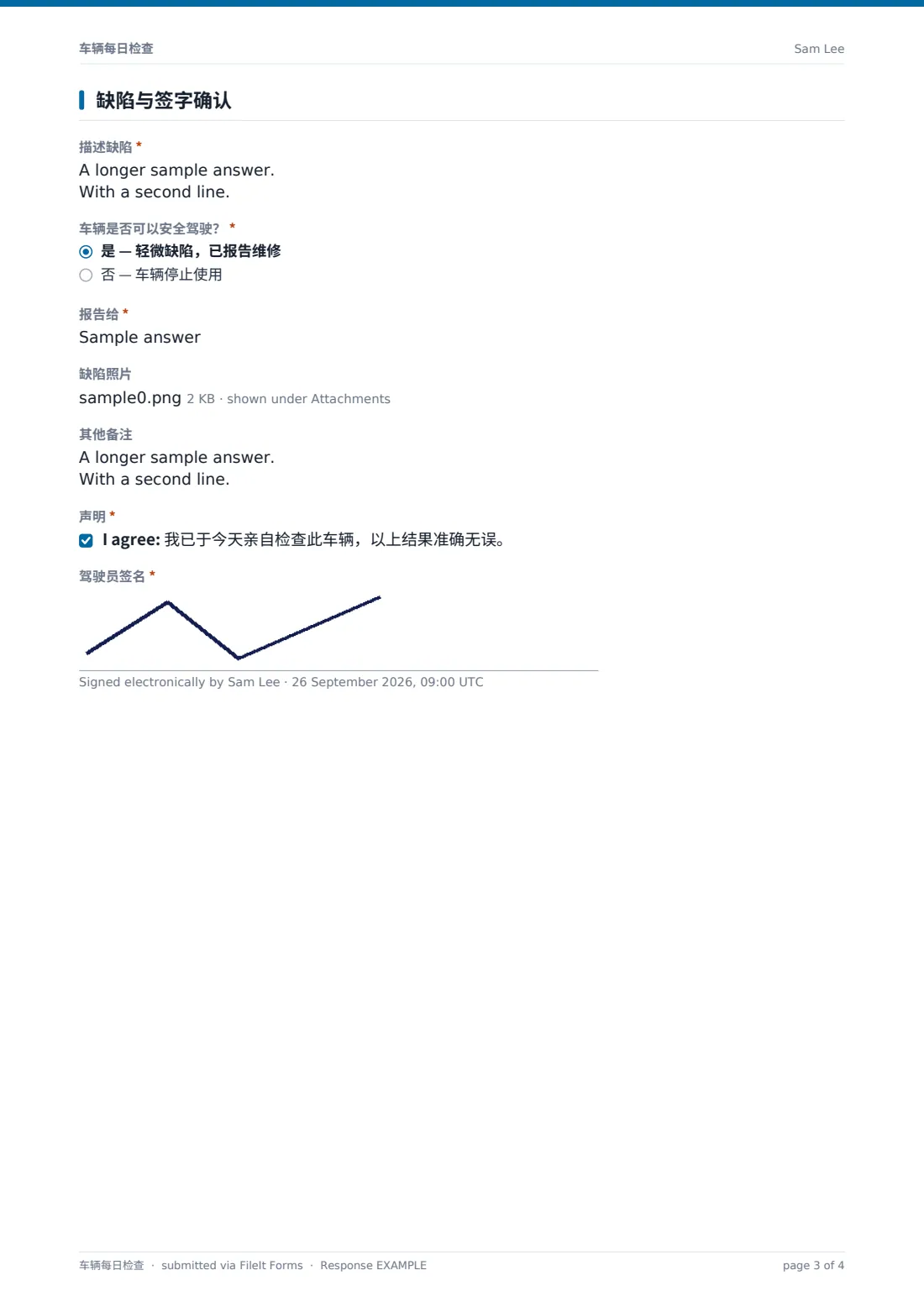 车辆每日检查 — 示例回复 PDF，第 3 页，共 4 页
