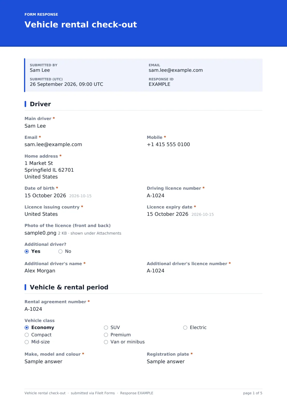 Vehicle rental check-out — example response PDF, page 1 of 5