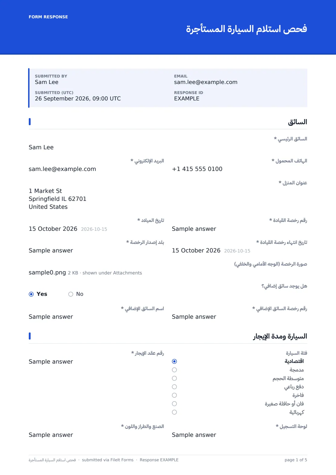 فحص استلام السيارة المستأجرة — ملف PDF لرد نموذجي، الصفحة 1 من 5