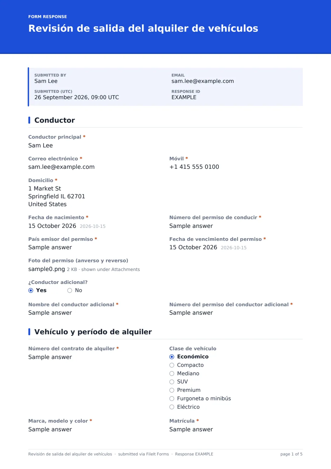 Revisión de salida del alquiler de vehículos — PDF de respuesta de ejemplo, página 1 de 5