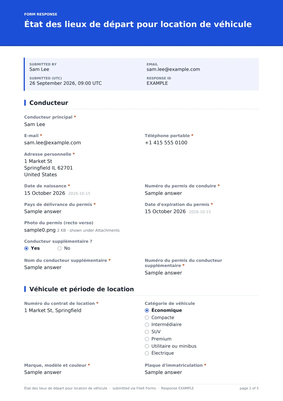 État des lieux de départ pour location de véhicule — exemple de réponse au format PDF, page 1 sur 5