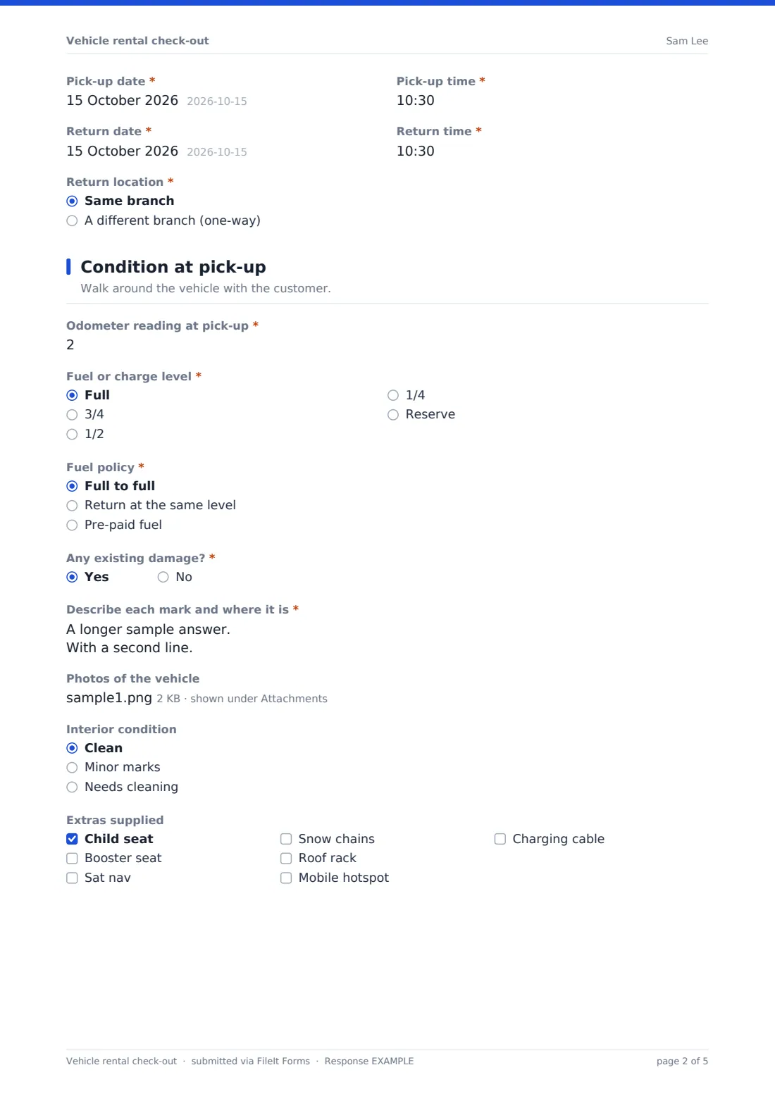 Vehicle rental check-out — example response PDF, page 2 of 5