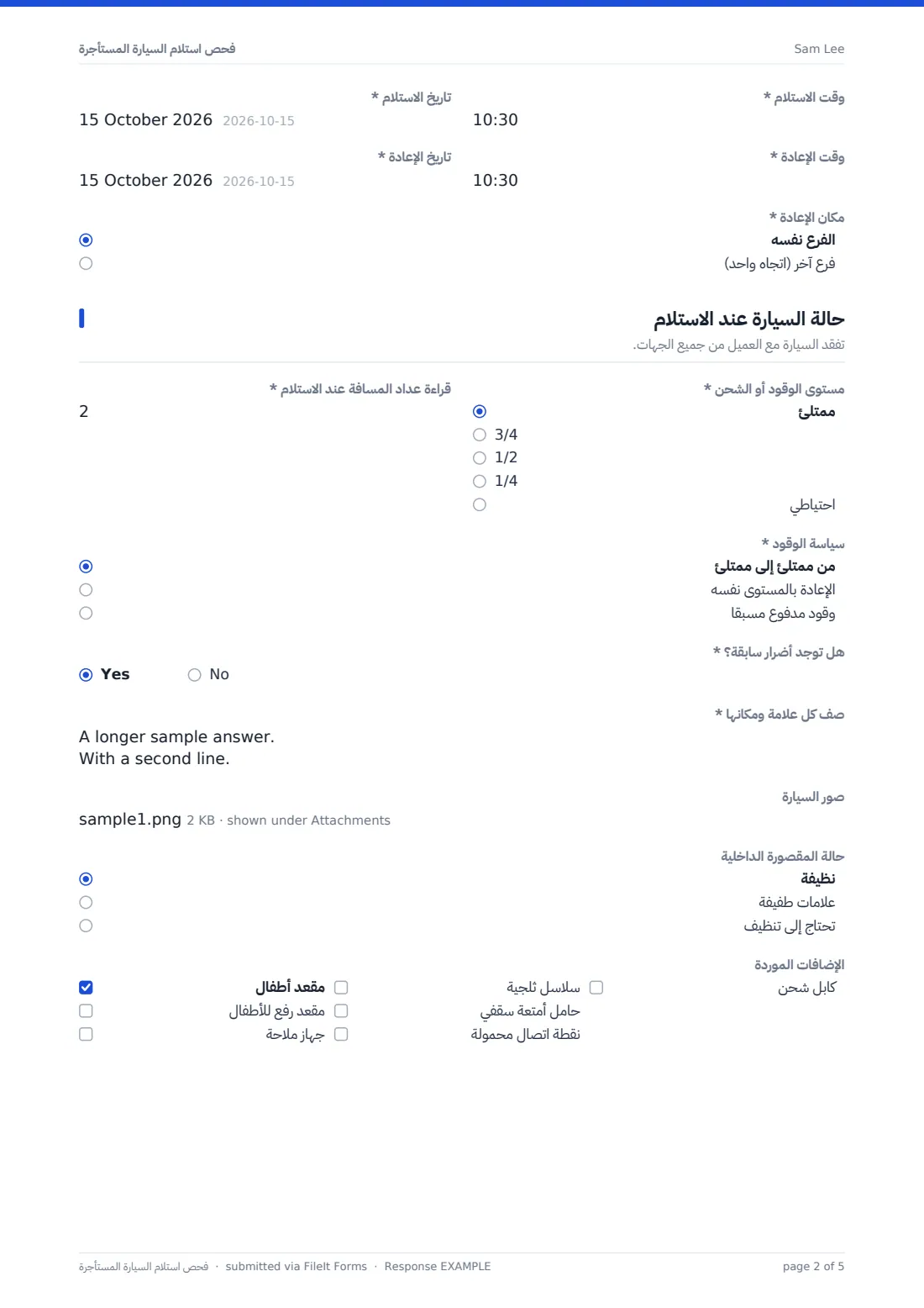 فحص استلام السيارة المستأجرة — ملف PDF لرد نموذجي، الصفحة 2 من 5