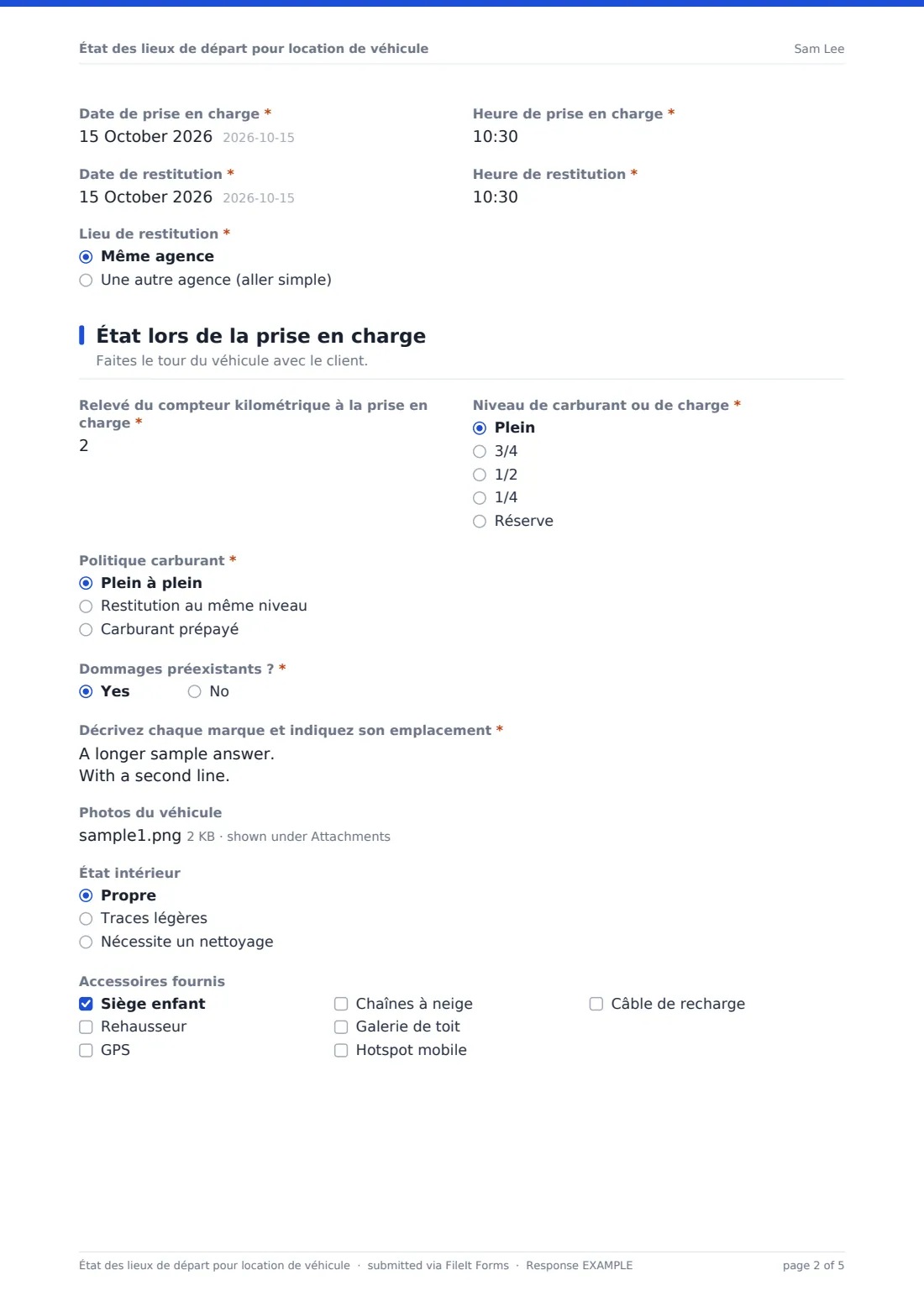 État des lieux de départ pour location de véhicule — exemple de réponse au format PDF, page 2 sur 5