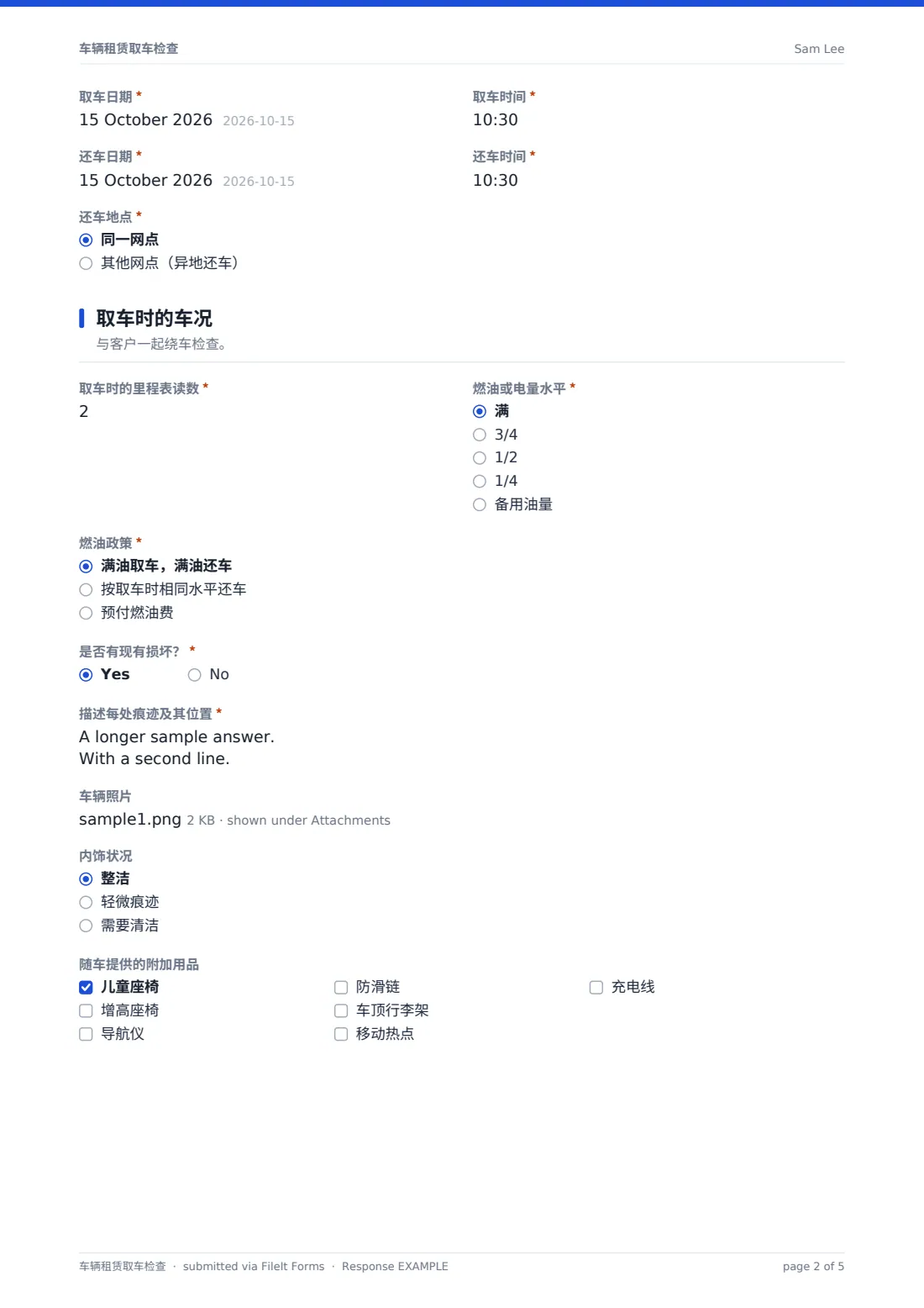 车辆租赁取车检查 — 示例回复 PDF，第 2 页，共 5 页