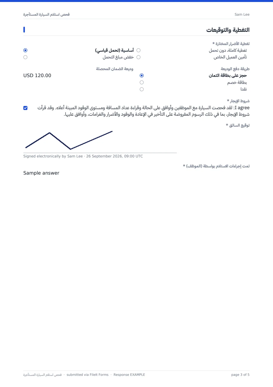 فحص استلام السيارة المستأجرة — ملف PDF لرد نموذجي، الصفحة 3 من 5