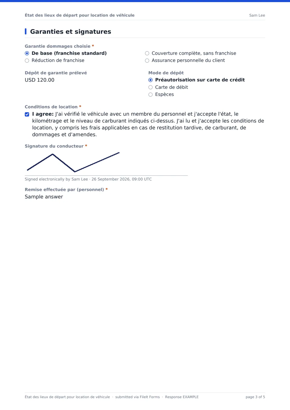 État des lieux de départ pour location de véhicule — exemple de réponse au format PDF, page 3 sur 5