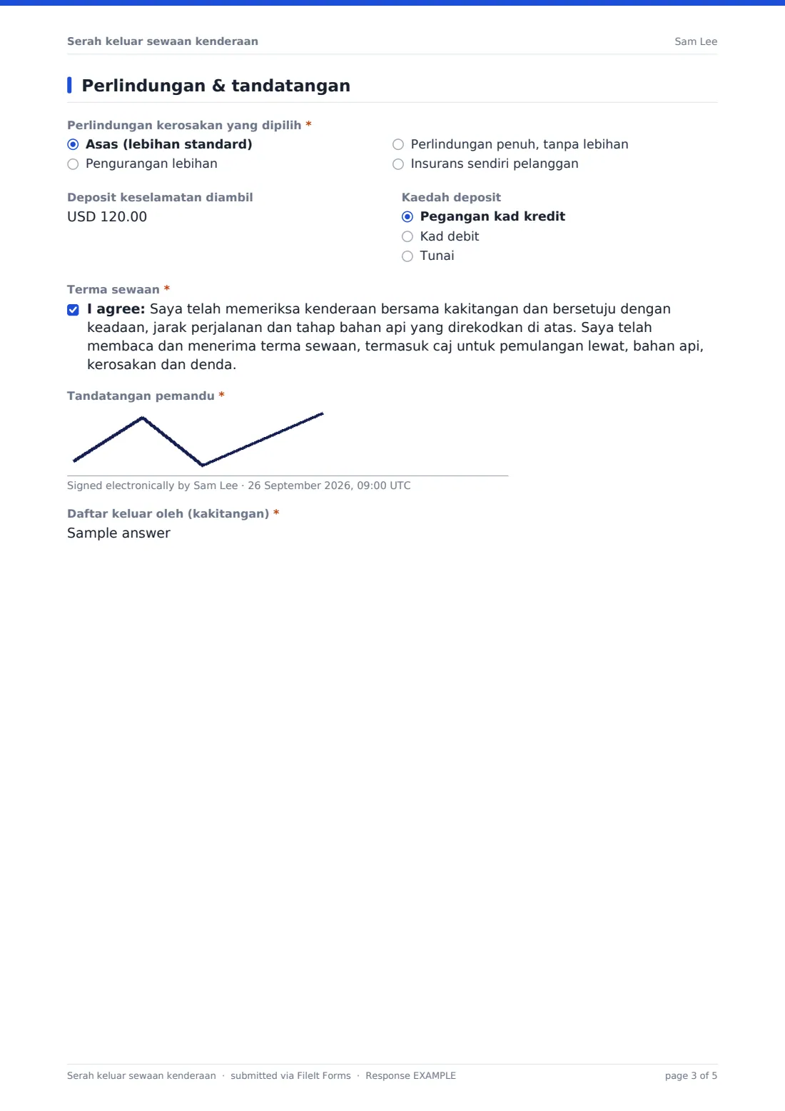 Serah keluar sewaan kenderaan — PDF respons contoh, halaman 3 daripada 5
