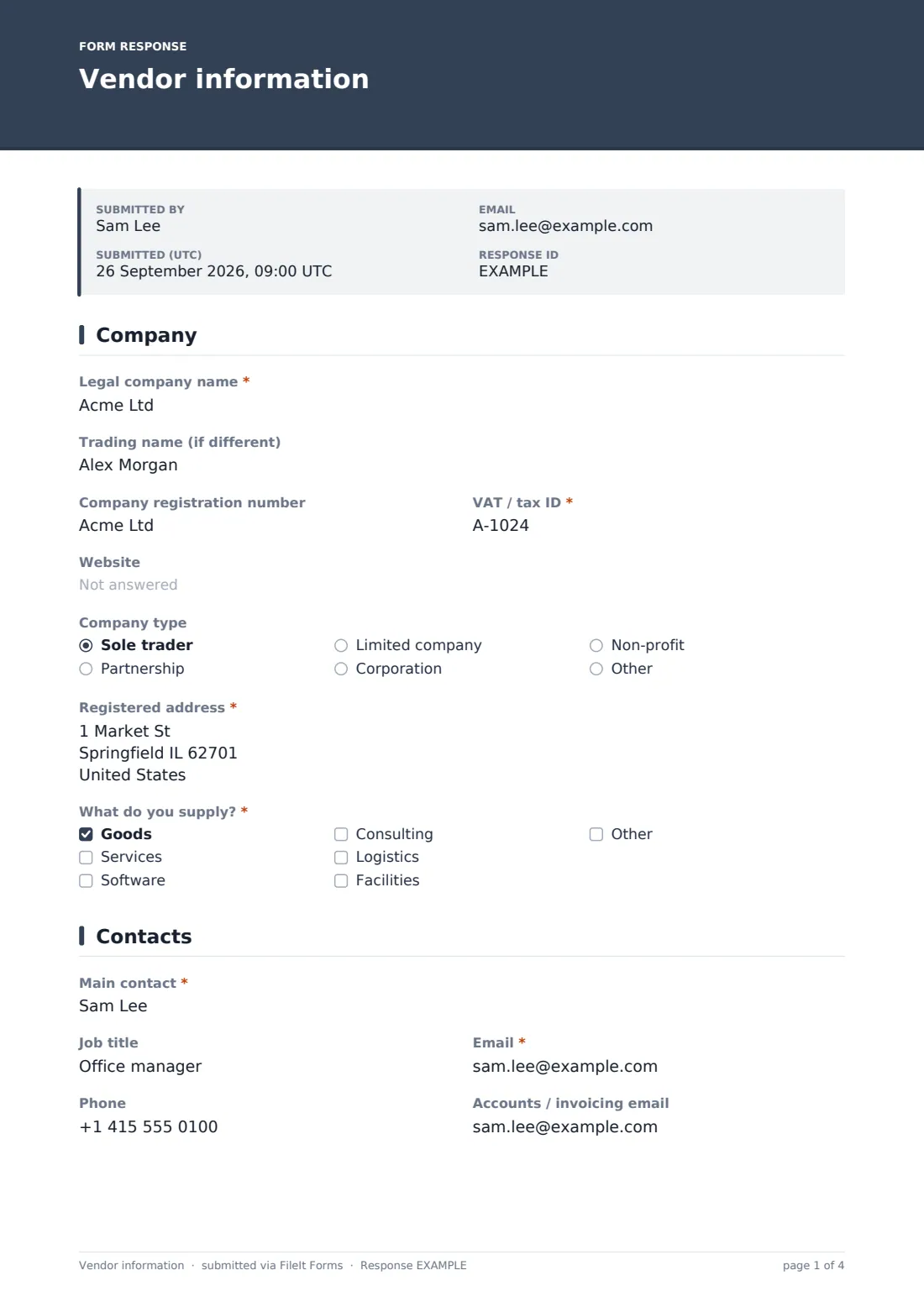 Vendor information — example response PDF, page 1 of 4