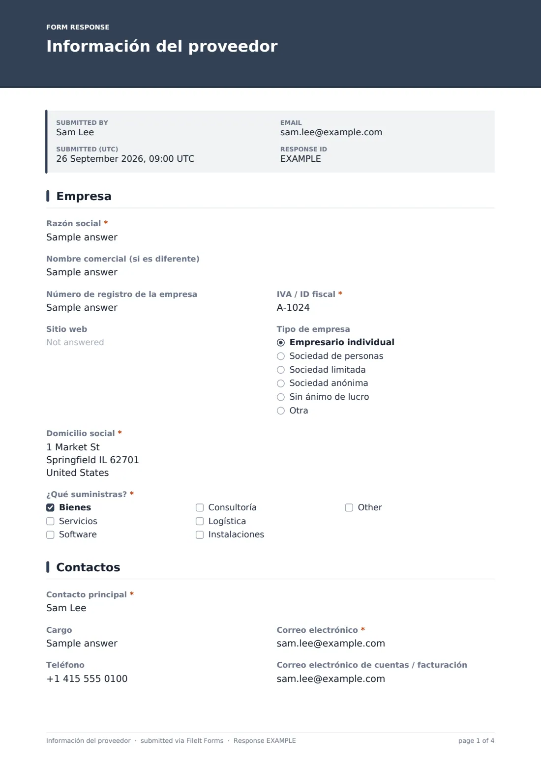 Información del proveedor — PDF de respuesta de ejemplo, página 1 de 4