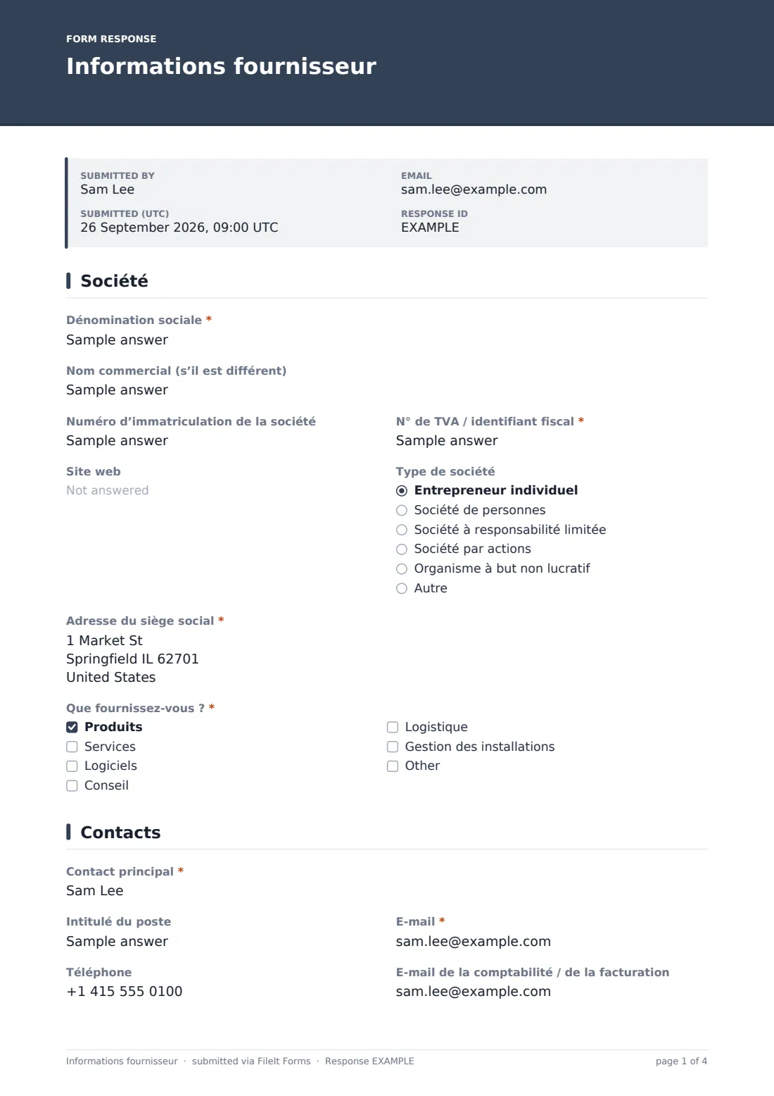 Informations fournisseur — exemple de réponse au format PDF, page 1 sur 4