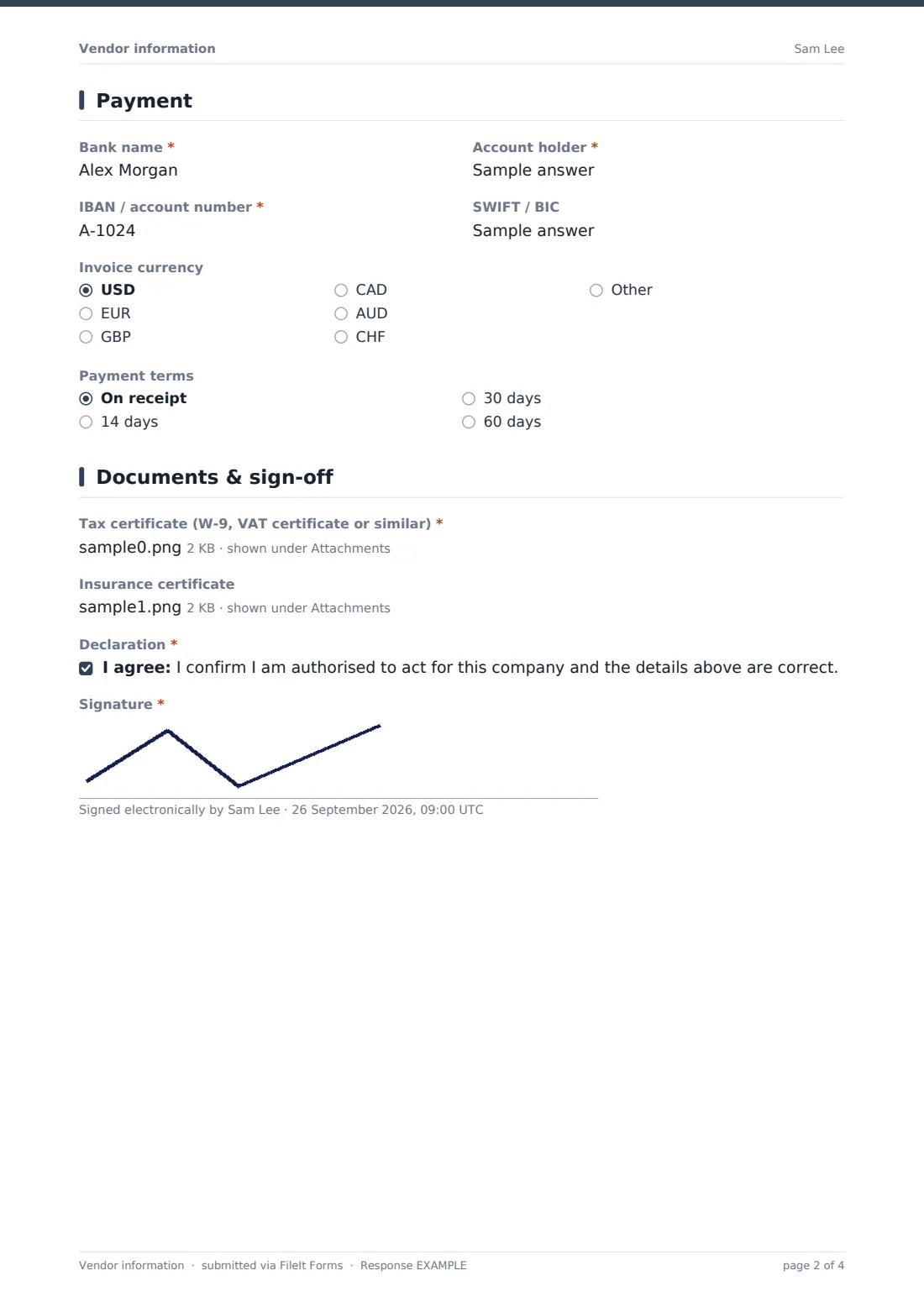 Vendor information — example response PDF, page 2 of 4