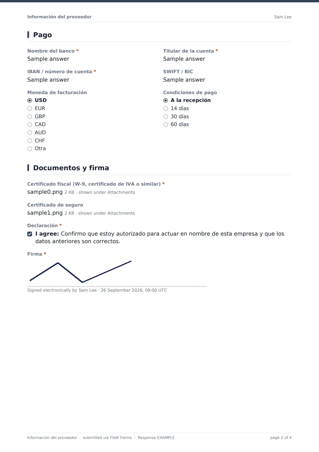 Información del proveedor — PDF de respuesta de ejemplo, página 2 de 4
