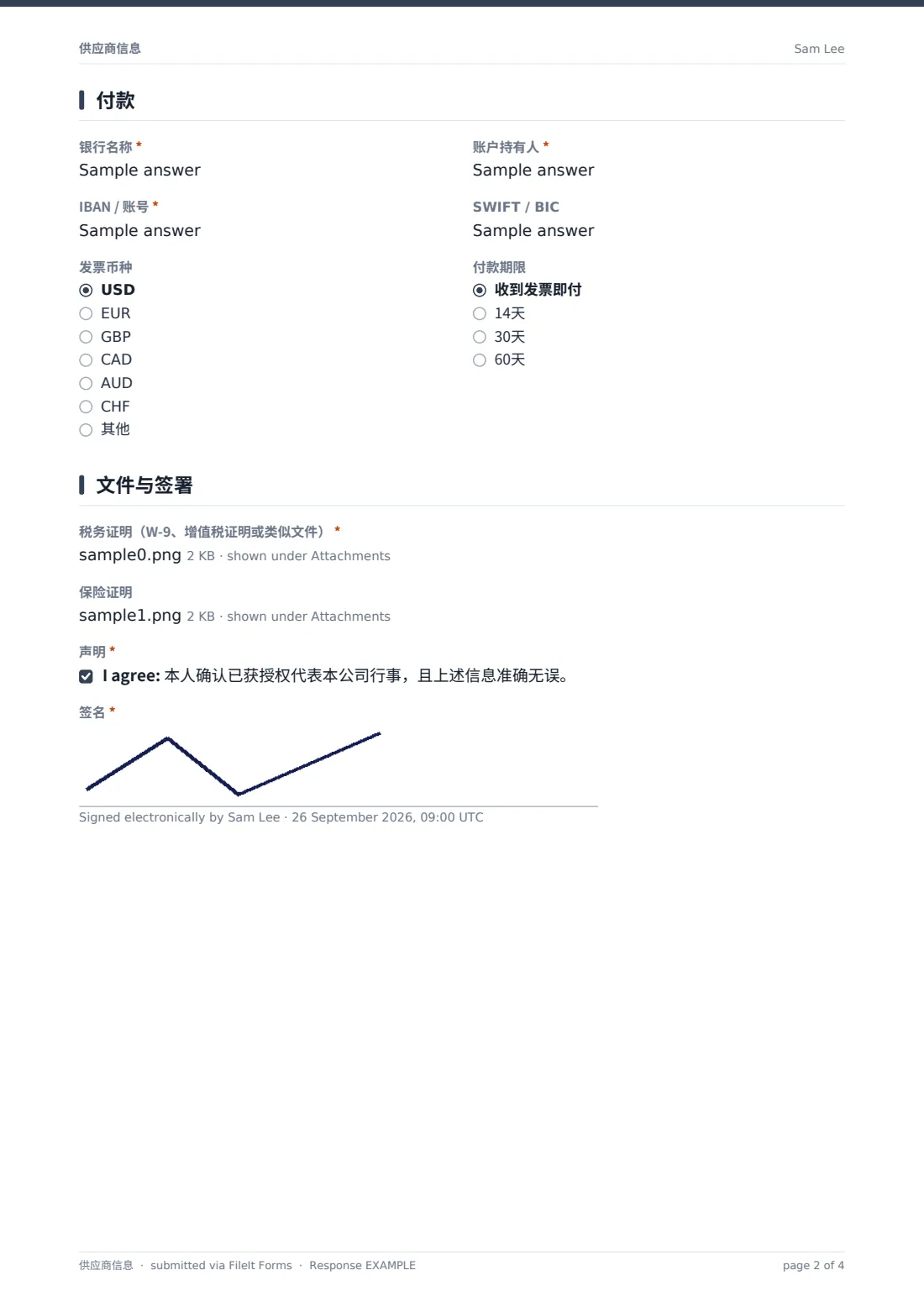 供应商信息 — 示例回复 PDF，第 2 页，共 4 页