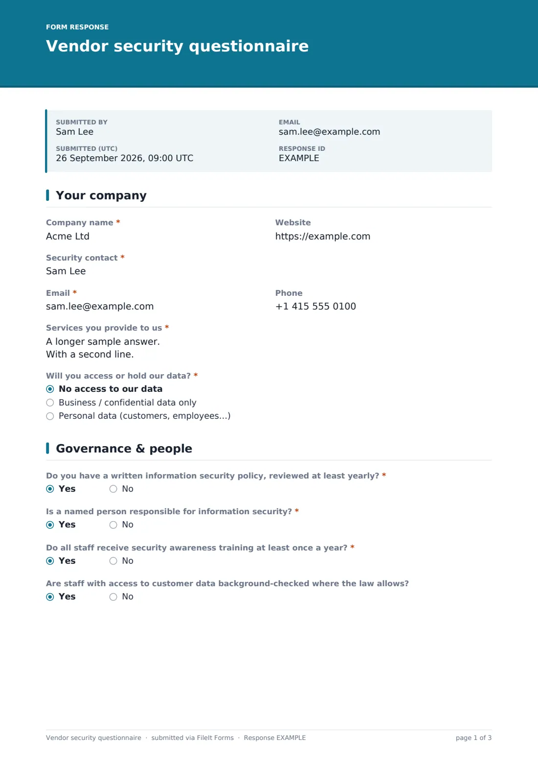 Vendor security questionnaire — example response PDF, page 1 of 3