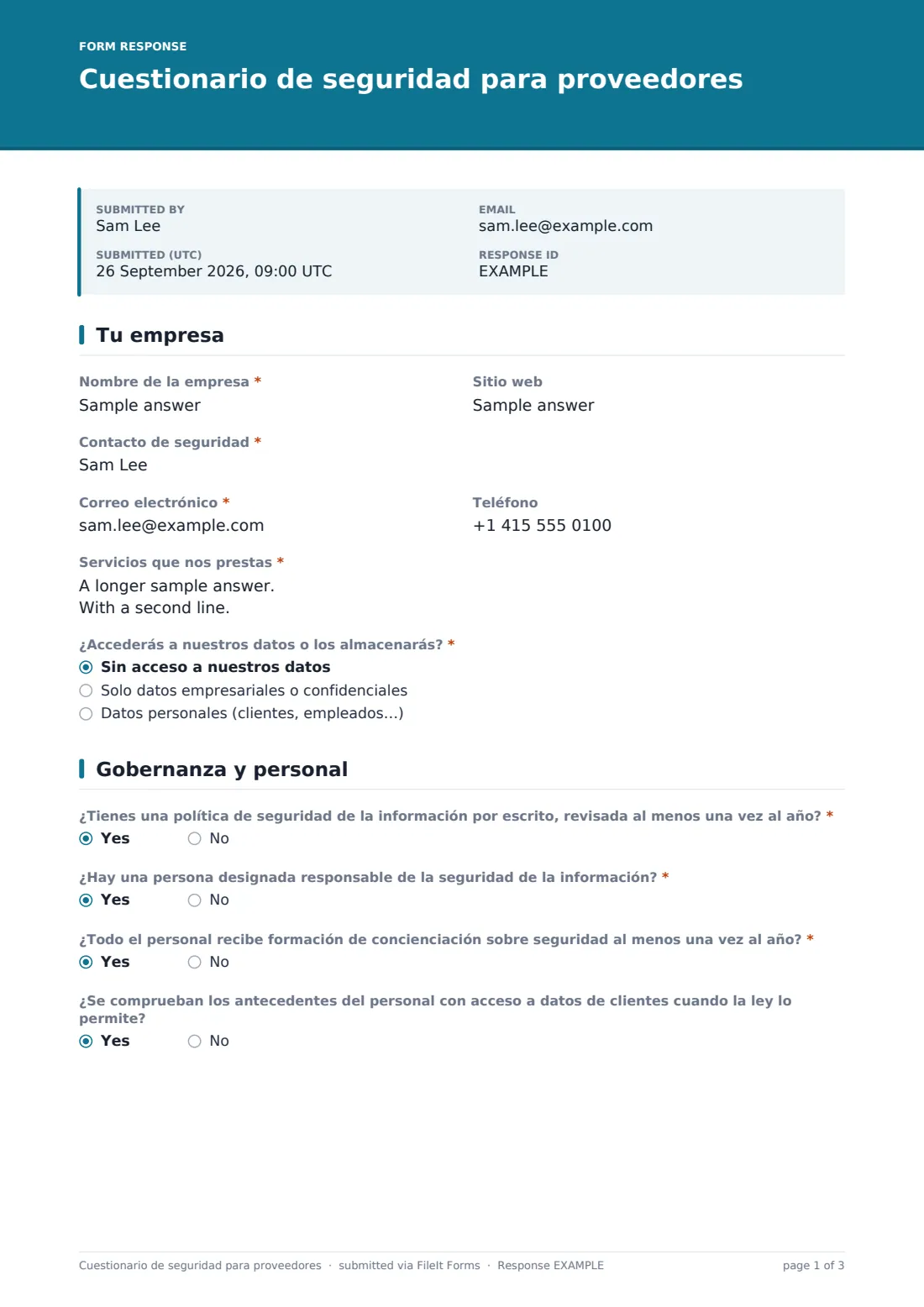 Cuestionario de seguridad para proveedores — PDF de respuesta de ejemplo, página 1 de 3