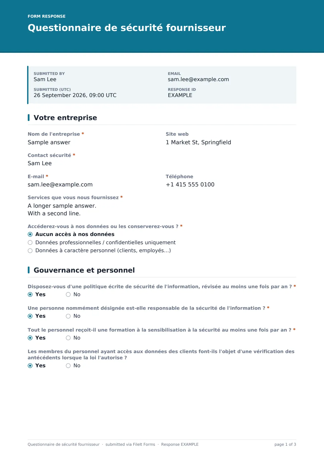 Questionnaire de sécurité fournisseur — exemple de réponse au format PDF, page 1 sur 3