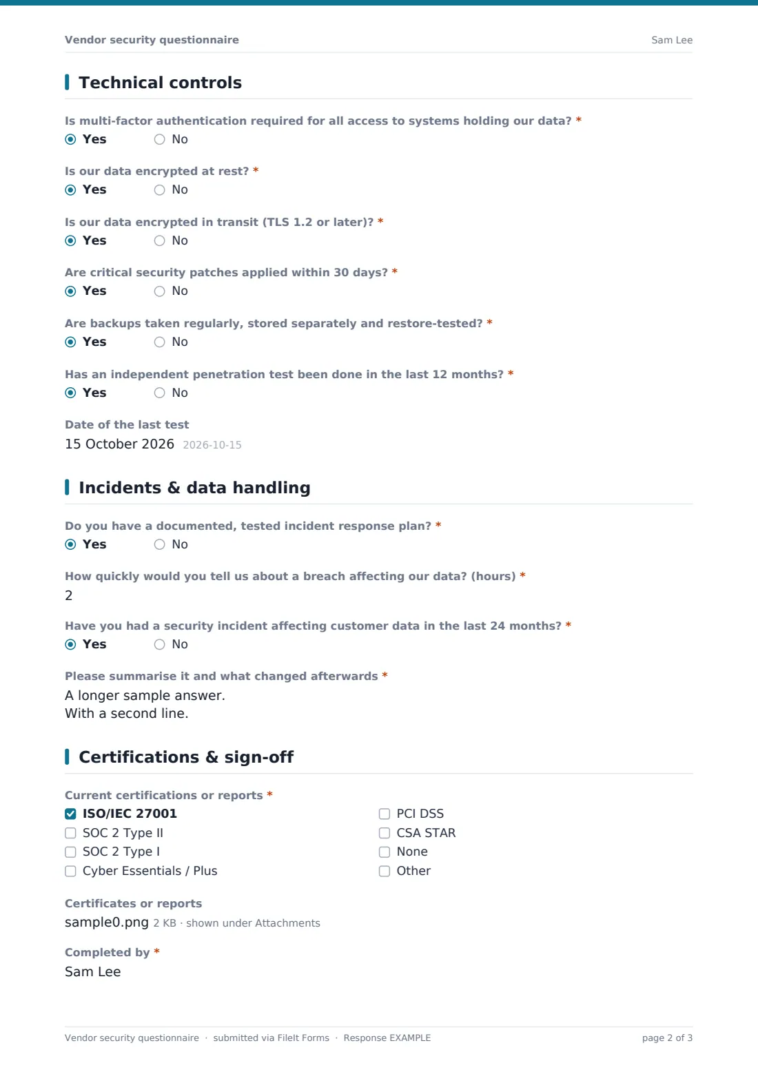 Vendor security questionnaire — example response PDF, page 2 of 3