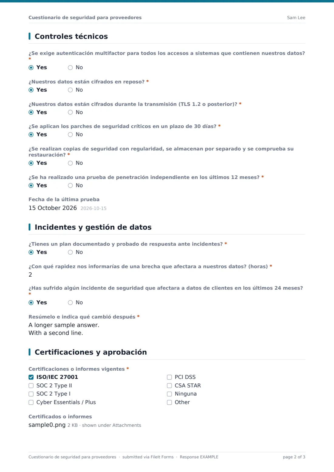 Cuestionario de seguridad para proveedores — PDF de respuesta de ejemplo, página 2 de 3