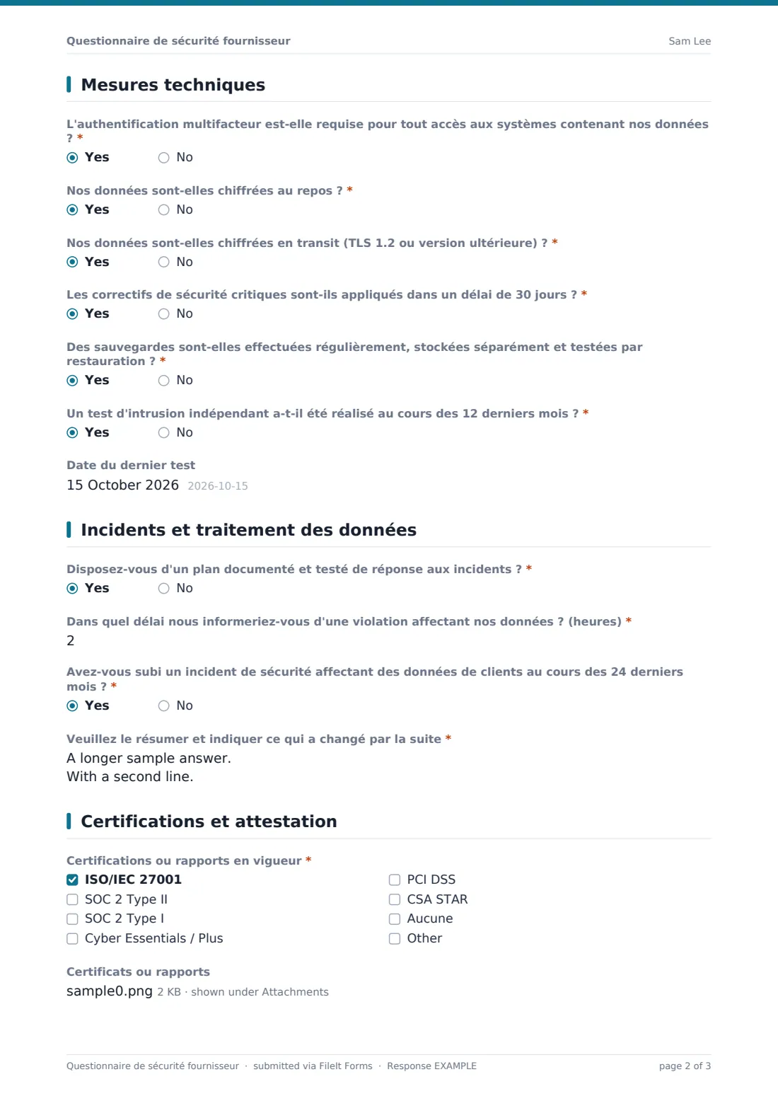 Questionnaire de sécurité fournisseur — exemple de réponse au format PDF, page 2 sur 3