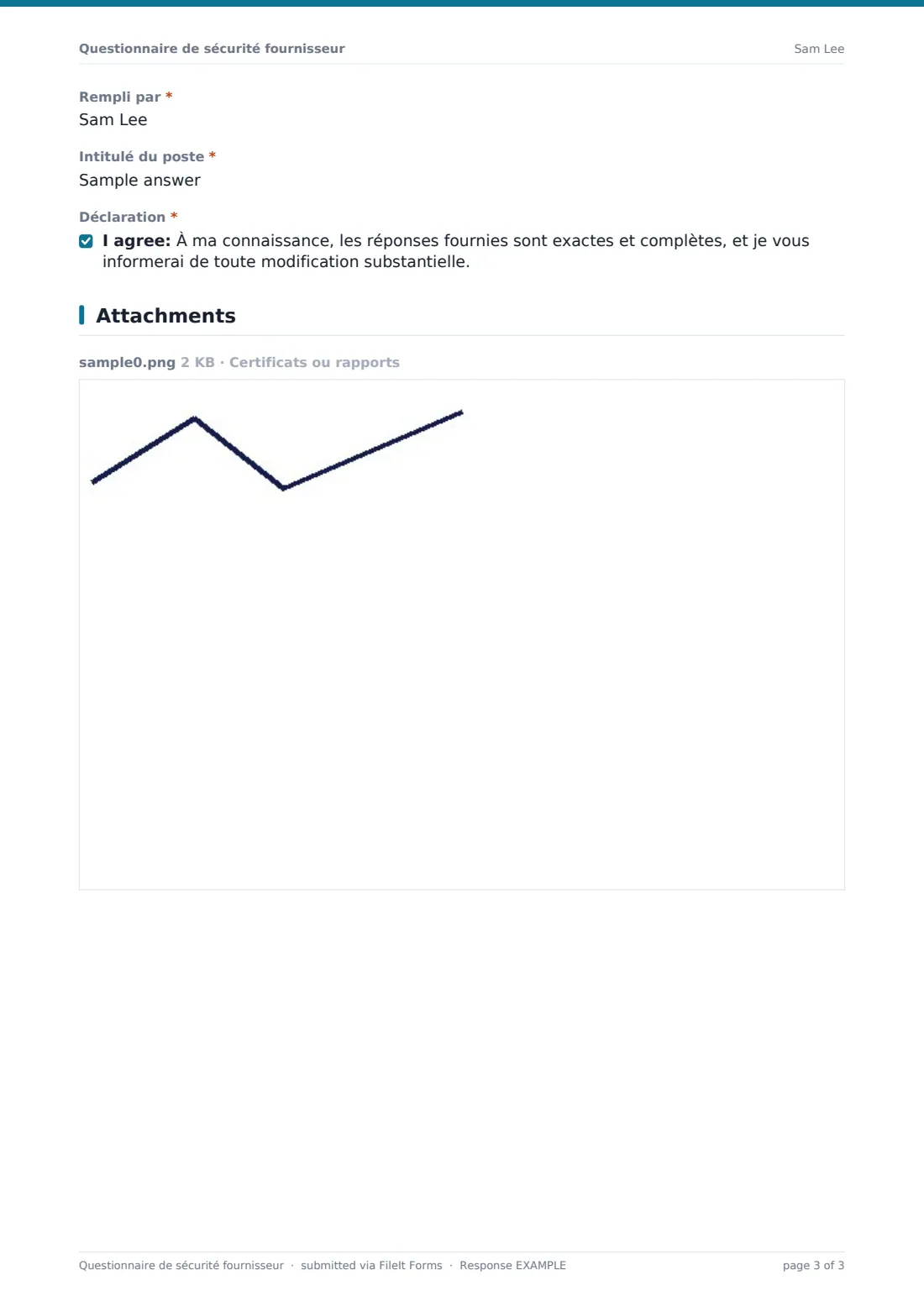Questionnaire de sécurité fournisseur — exemple de réponse au format PDF, page 3 sur 3