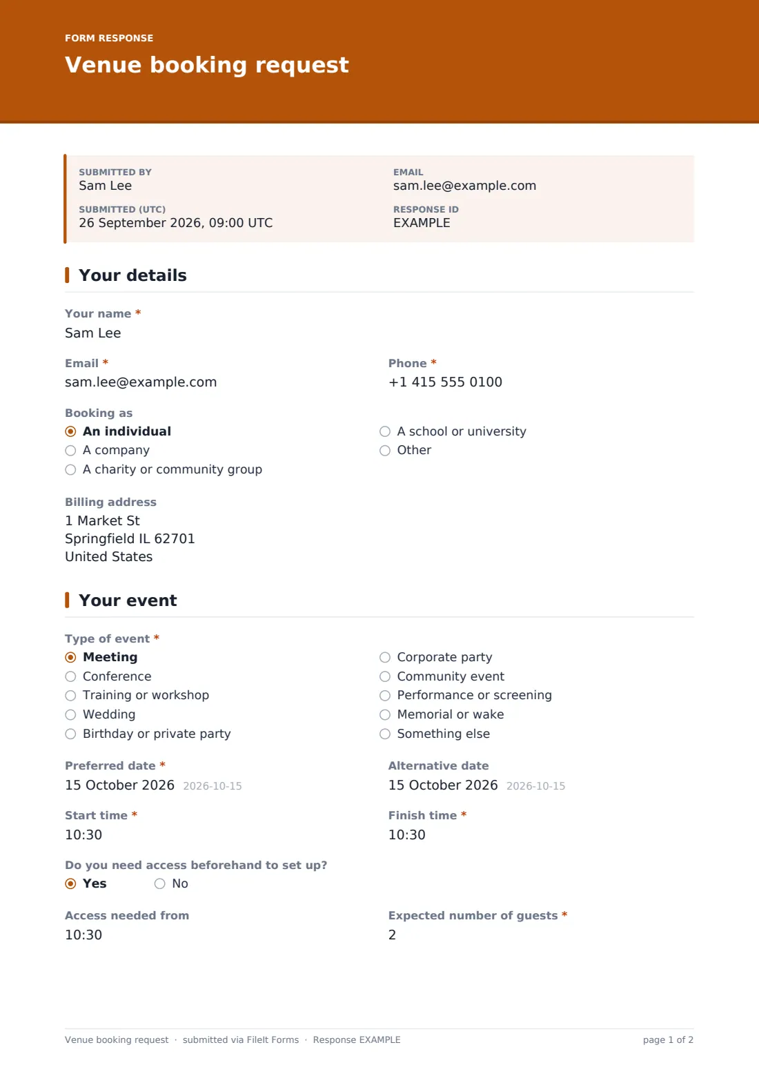 Venue booking request — example response PDF, page 1 of 2