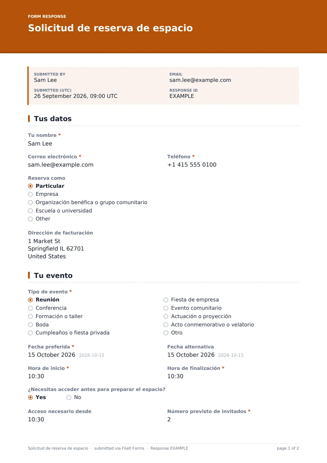 Solicitud de reserva de espacio — PDF de respuesta de ejemplo, página 1 de 2