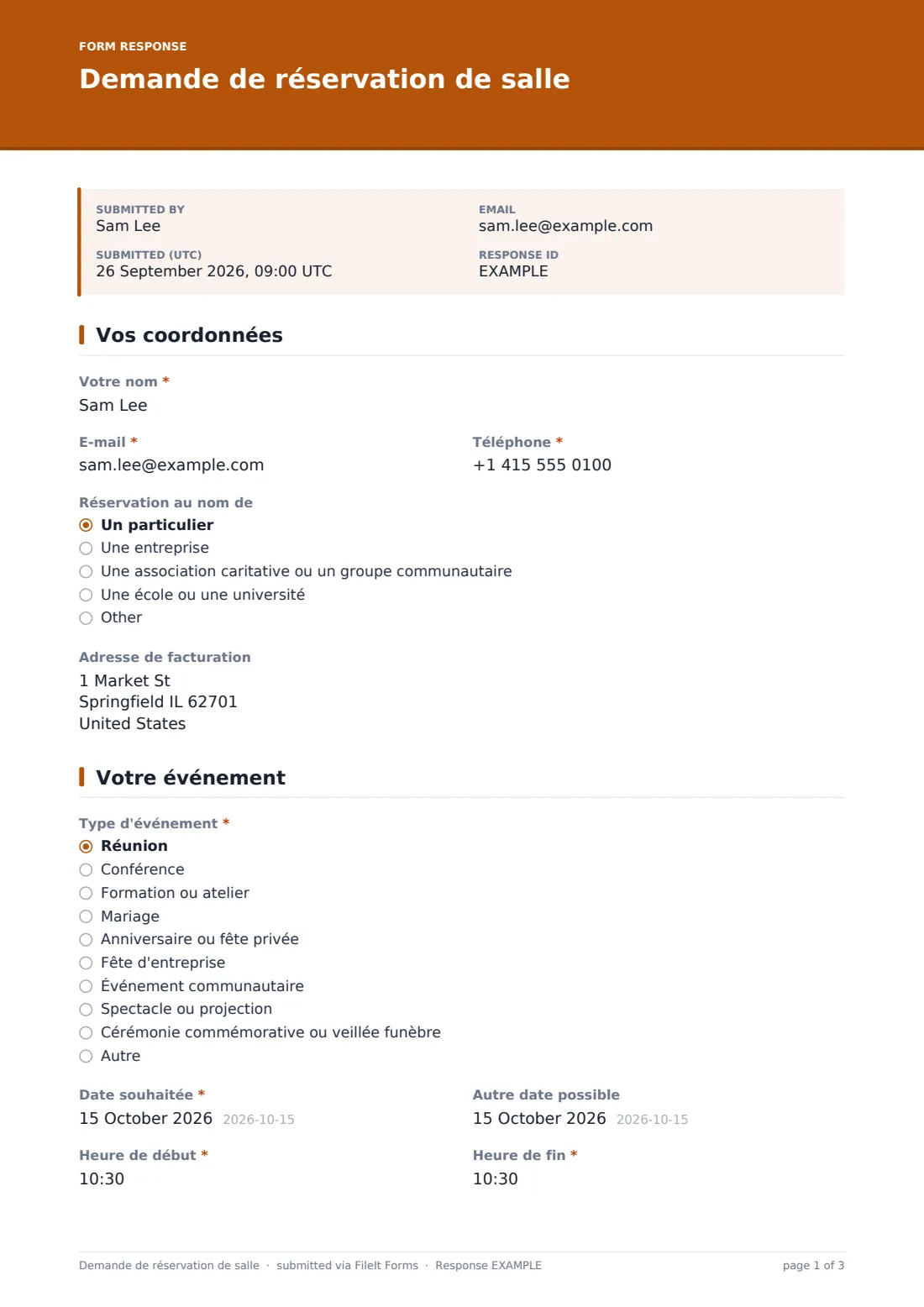 Demande de réservation de salle — exemple de réponse au format PDF, page 1 sur 3