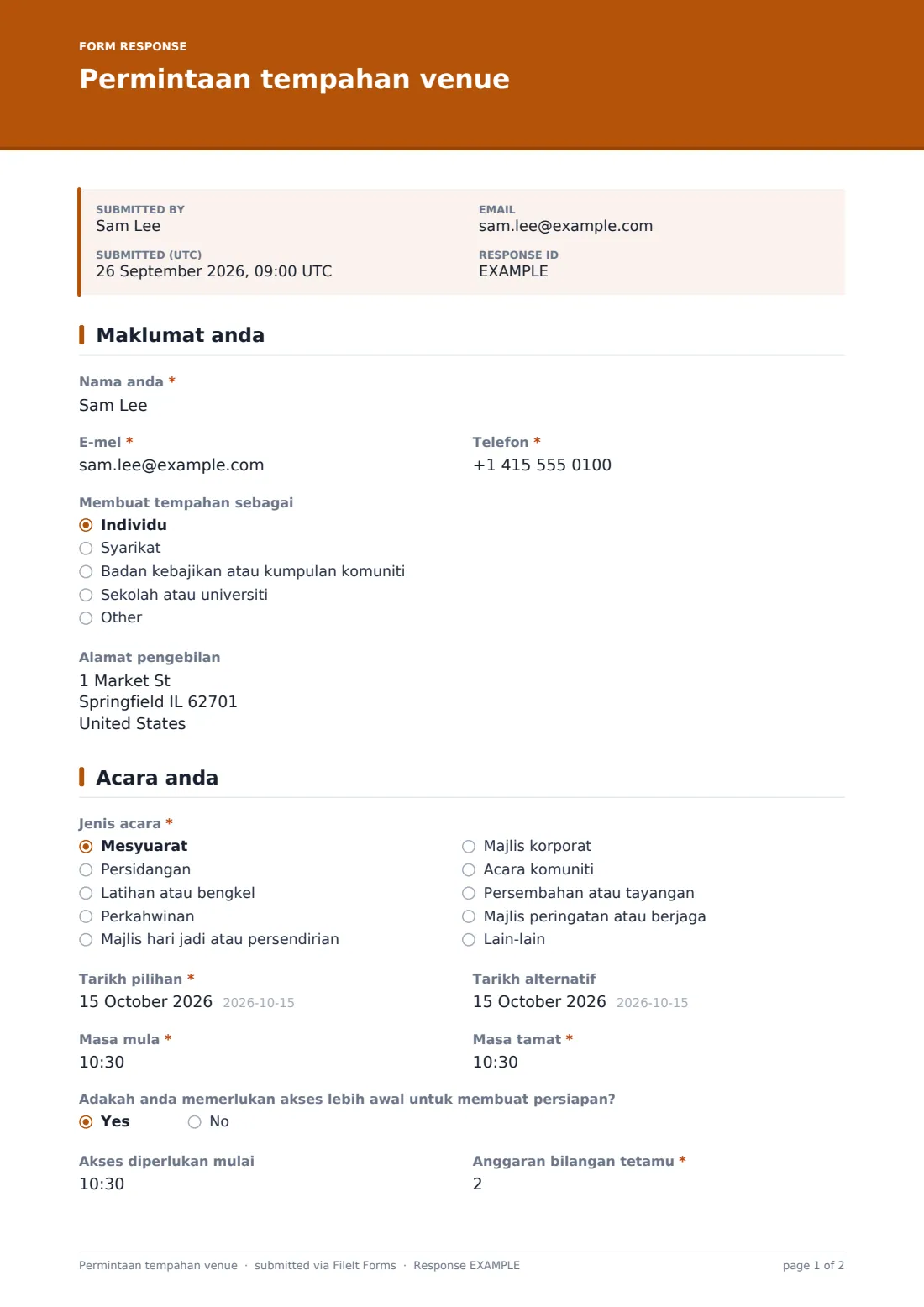 Permintaan tempahan venue — PDF respons contoh, halaman 1 daripada 2