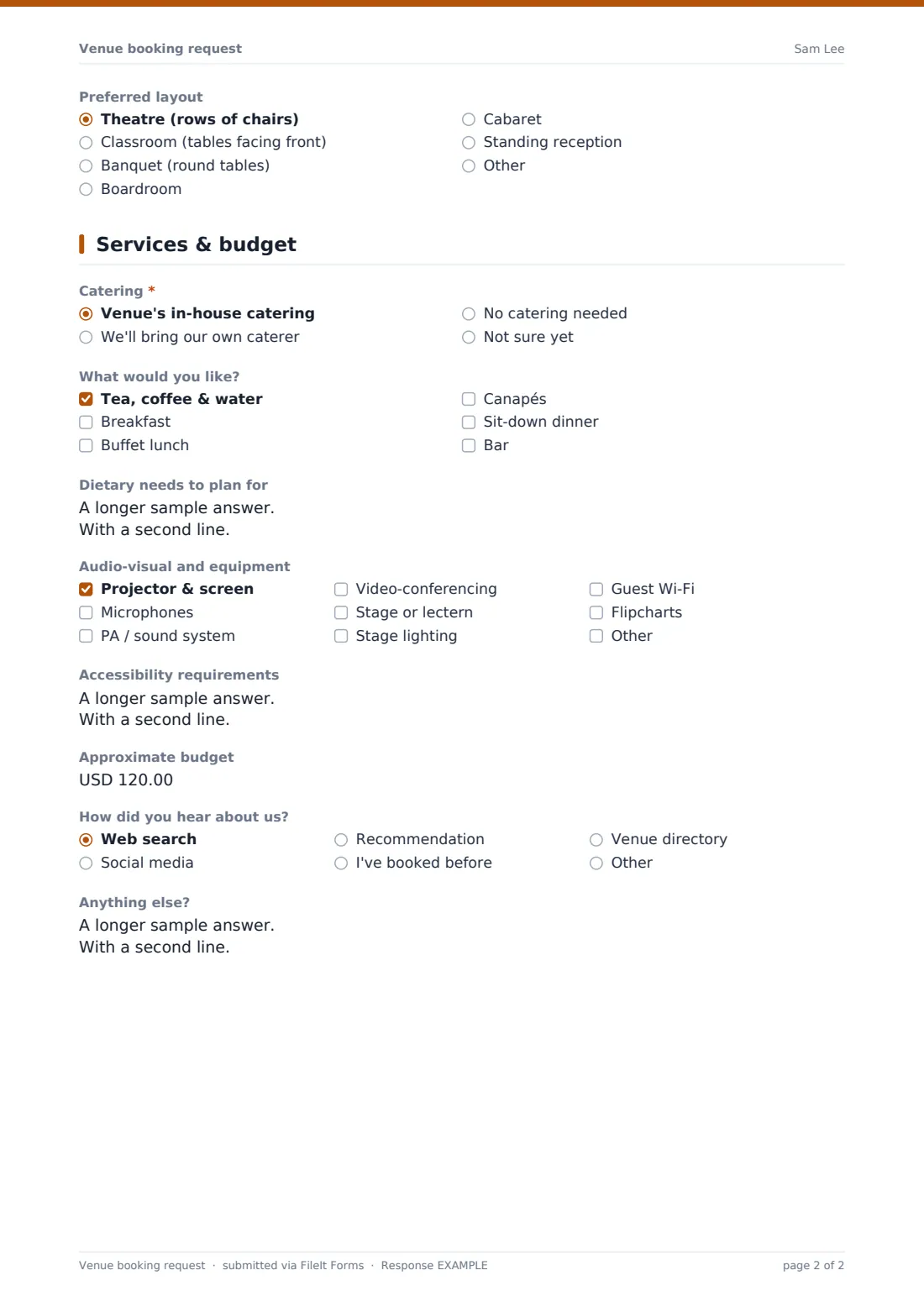 Venue booking request — example response PDF, page 2 of 2