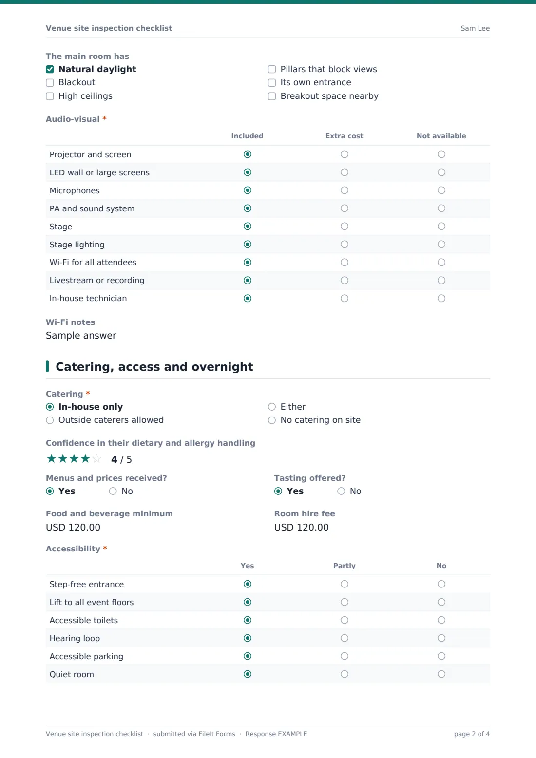 Venue site inspection checklist — example response PDF, page 2 of 4