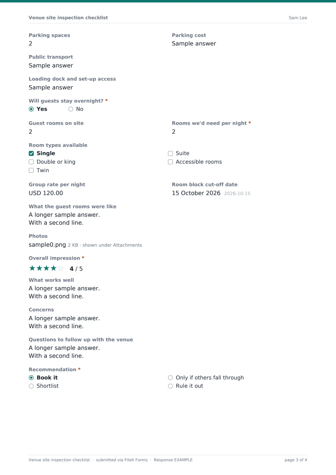 Venue site inspection checklist — example response PDF, page 3 of 4