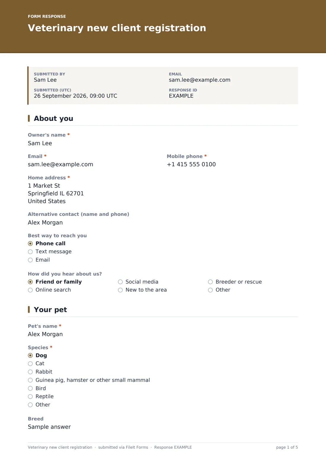 Veterinary new client registration — example response PDF, page 1 of 5