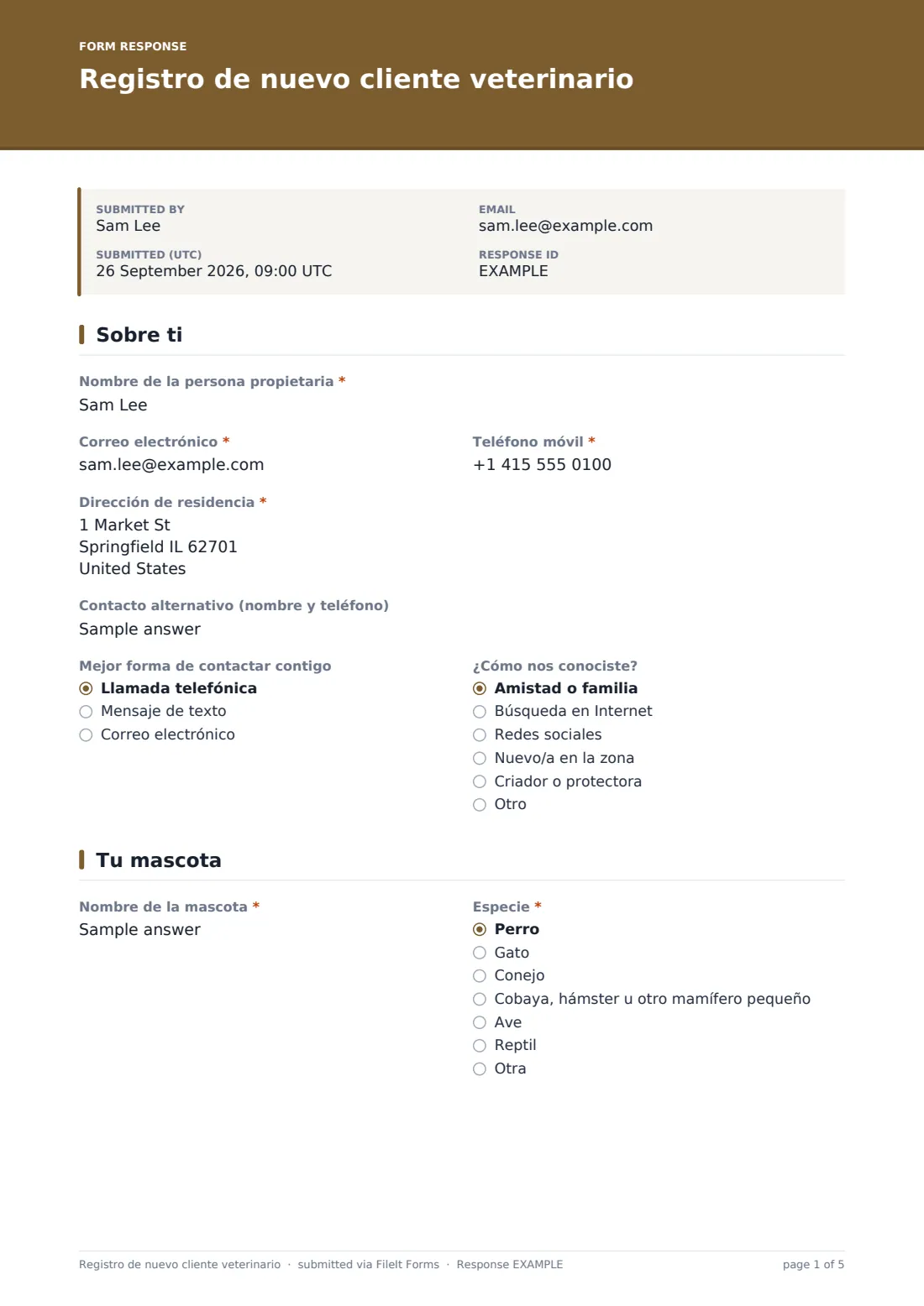 Registro de nuevo cliente veterinario — PDF de respuesta de ejemplo, página 1 de 5