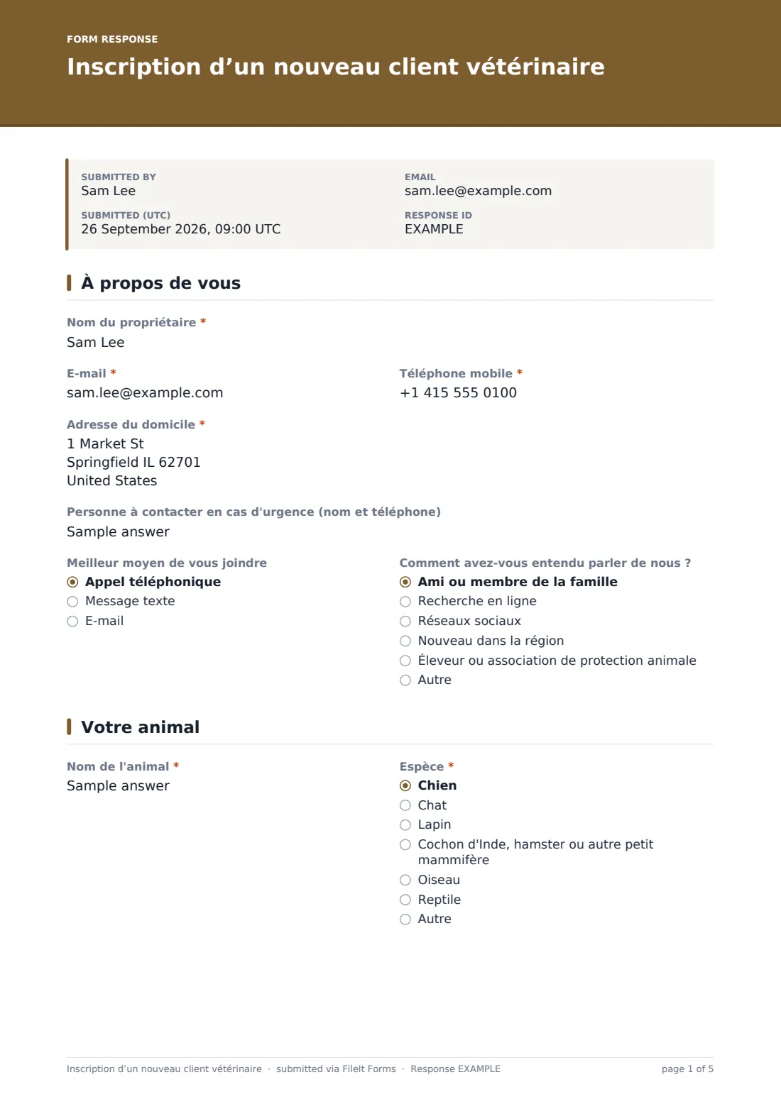 Inscription d’un nouveau client vétérinaire — exemple de réponse au format PDF, page 1 sur 5