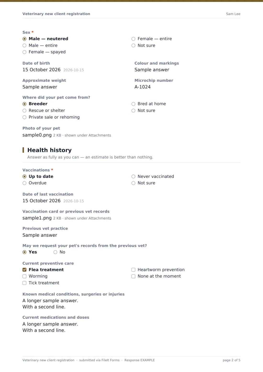 Veterinary new client registration — example response PDF, page 2 of 5