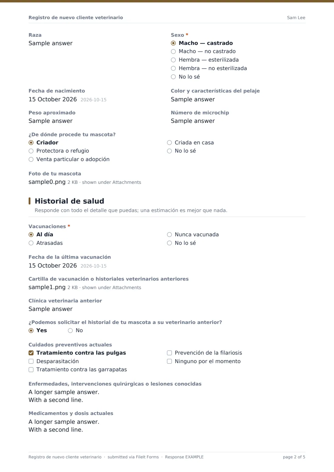 Registro de nuevo cliente veterinario — PDF de respuesta de ejemplo, página 2 de 5