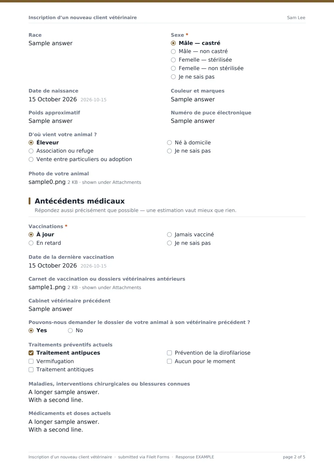 Inscription d’un nouveau client vétérinaire — exemple de réponse au format PDF, page 2 sur 5