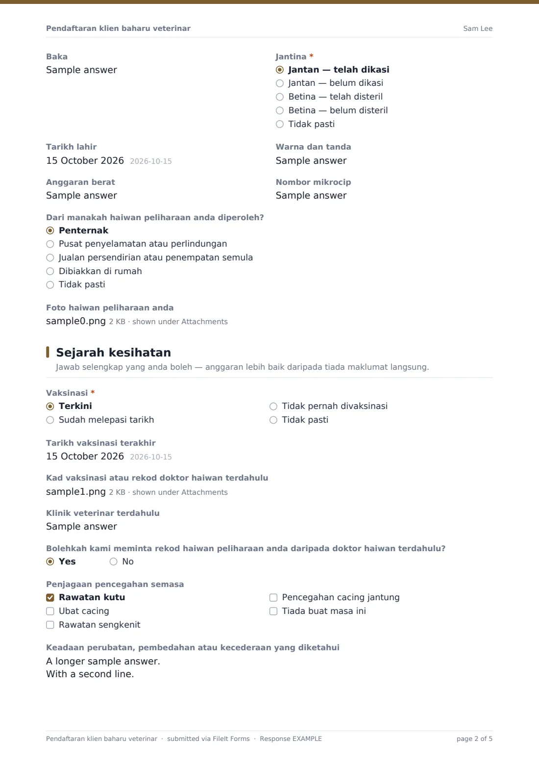 Pendaftaran klien baharu veterinar — PDF respons contoh, halaman 2 daripada 5