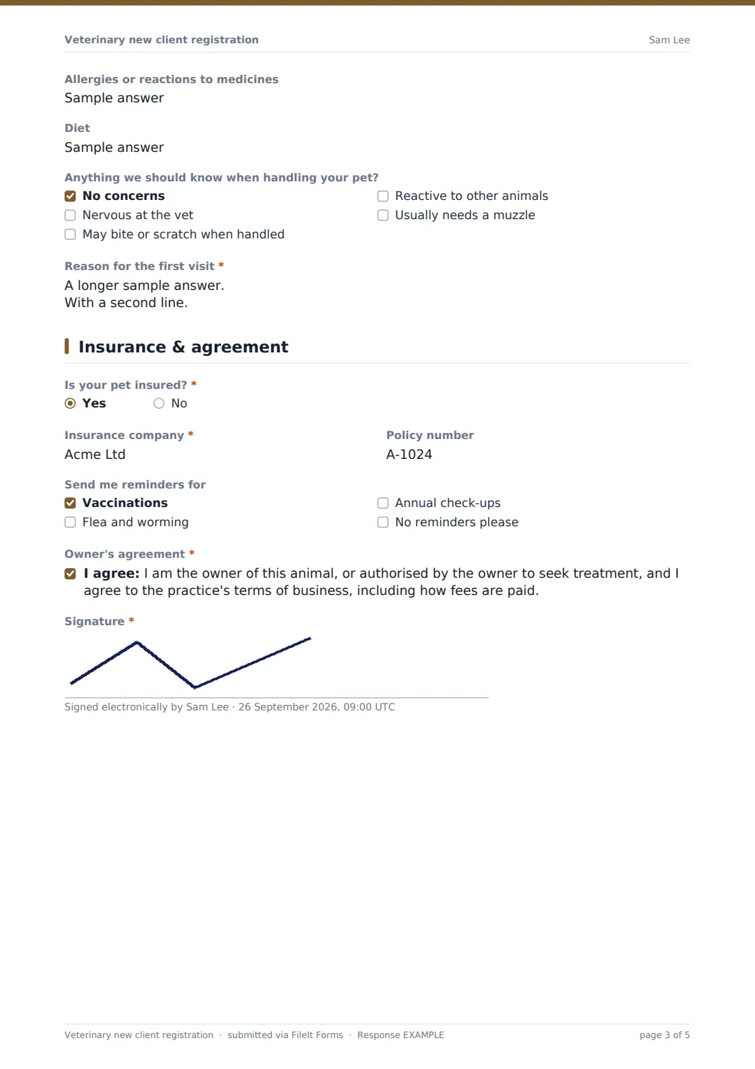 Veterinary new client registration — example response PDF, page 3 of 5