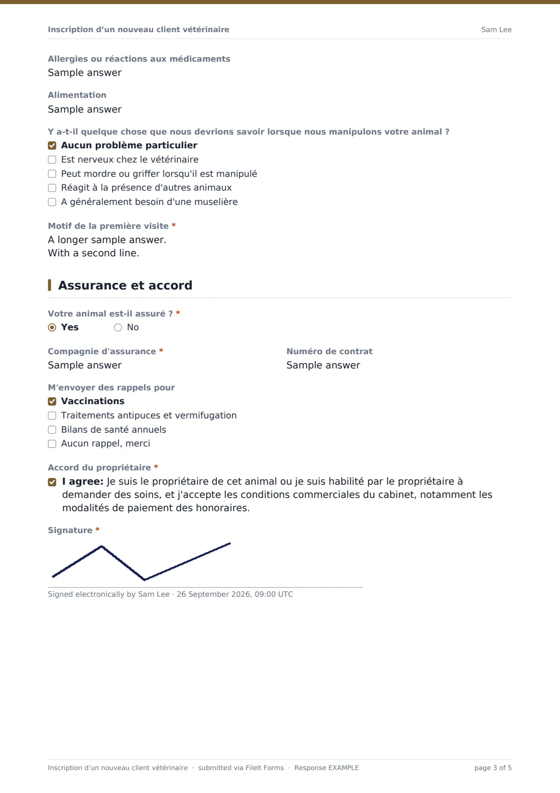 Inscription d’un nouveau client vétérinaire — exemple de réponse au format PDF, page 3 sur 5