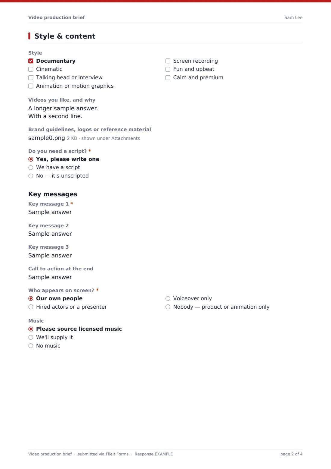 Video production brief — example response PDF, page 2 of 4