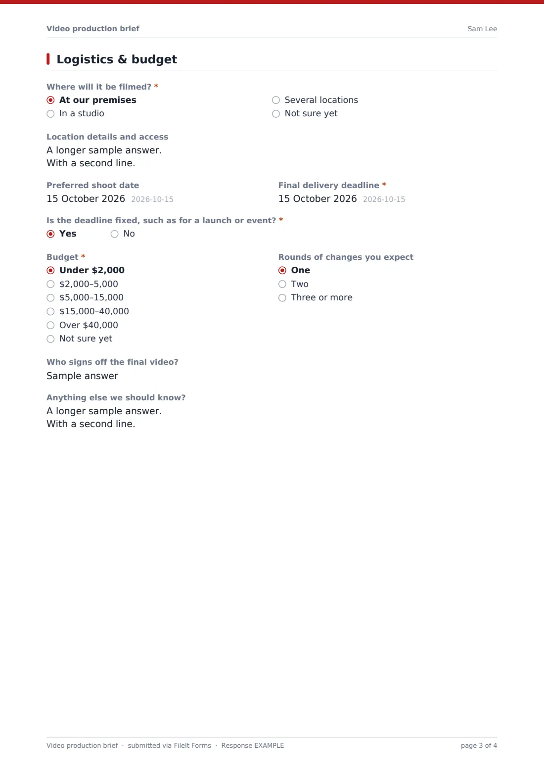 Video production brief — example response PDF, page 3 of 4